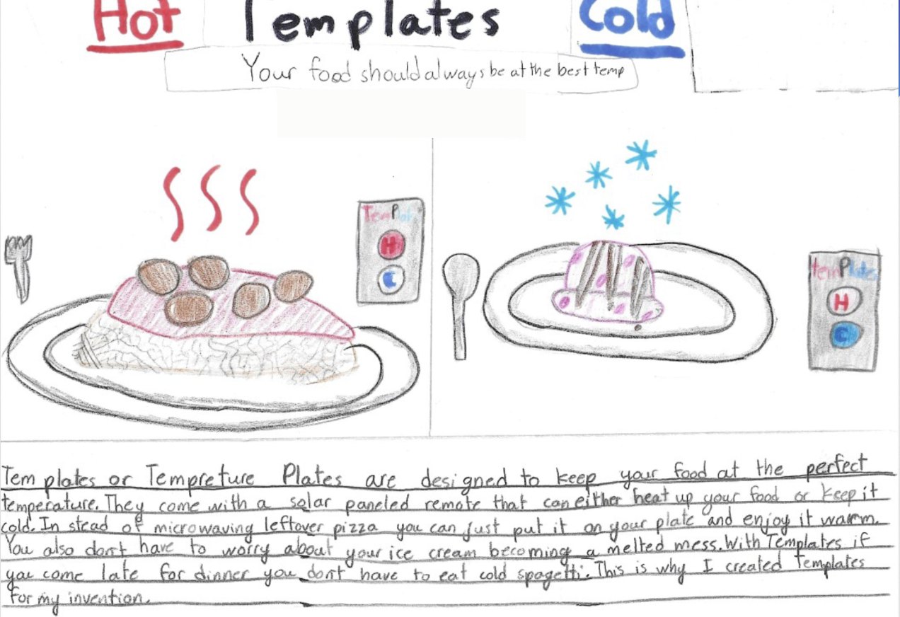 A student's hand-drawn concept for Templates, plates that keep food hot or cold